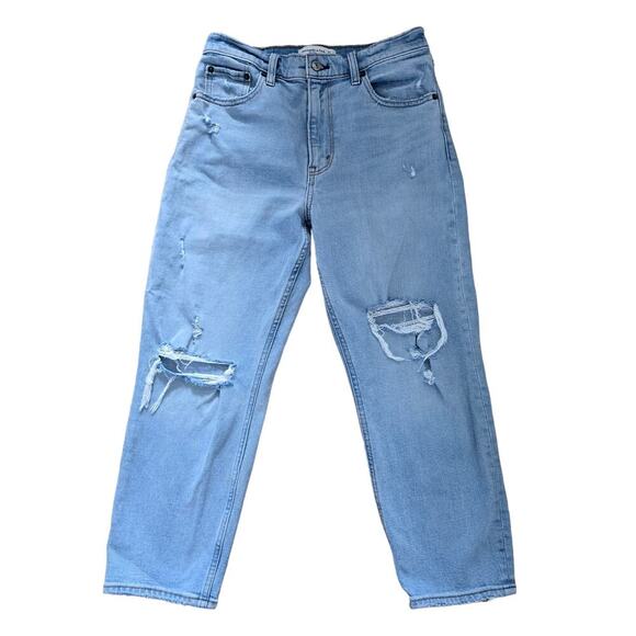 Abercrombie & Fitch Denim - Abercrombie & Fitch The Mom High Rise Jean Light Washed Distressed 27/4 XS Short